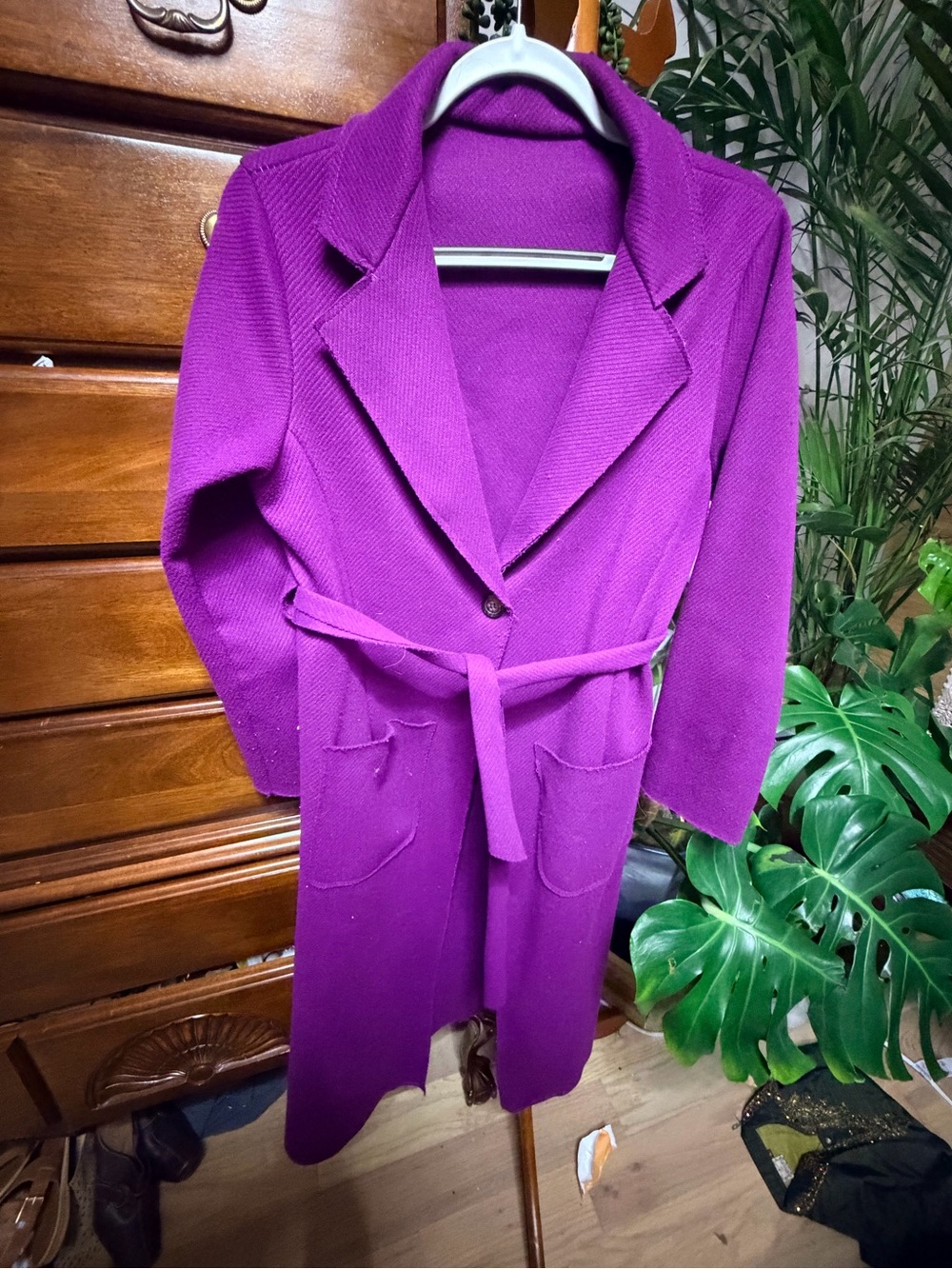 Win Fashion Women’s Purple Belted Long Knit Lightweight Italian Coat - OS